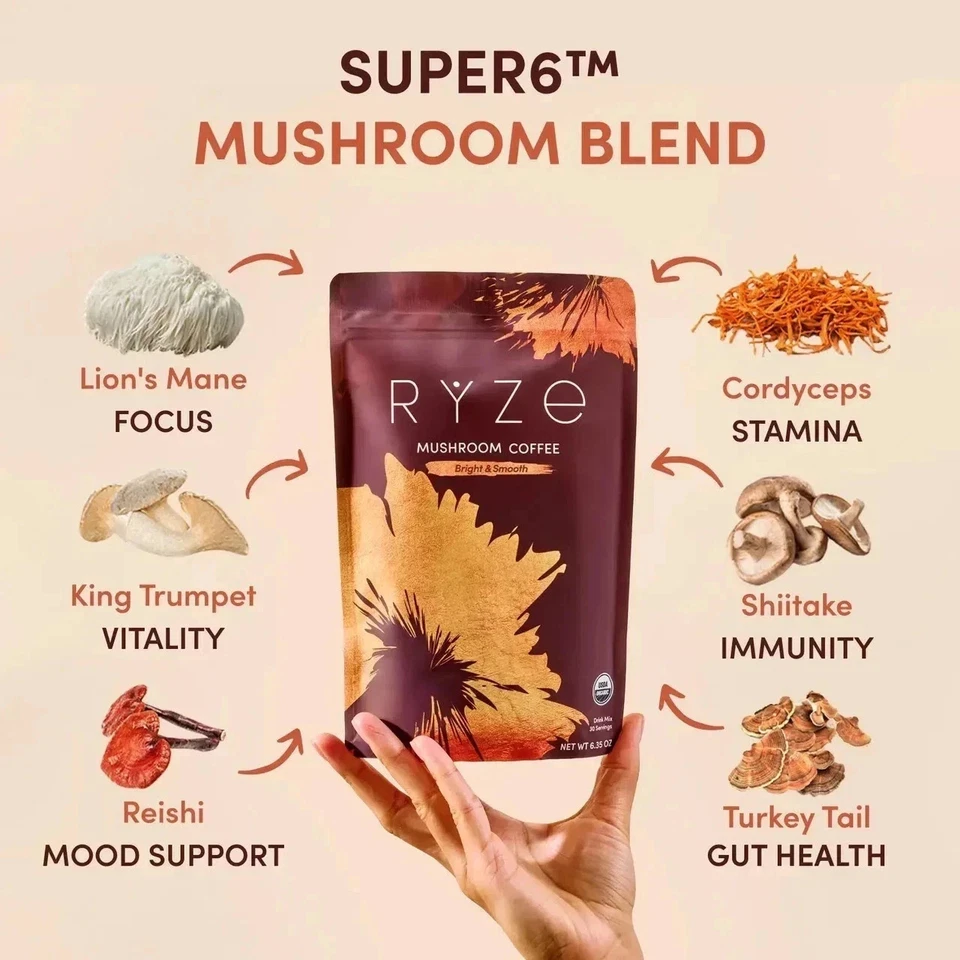 NEW RYZE MUSHROOM Coffee Bright & Smooth Gut Health Supplement 30 Servings 6 Packs thumbnail 5